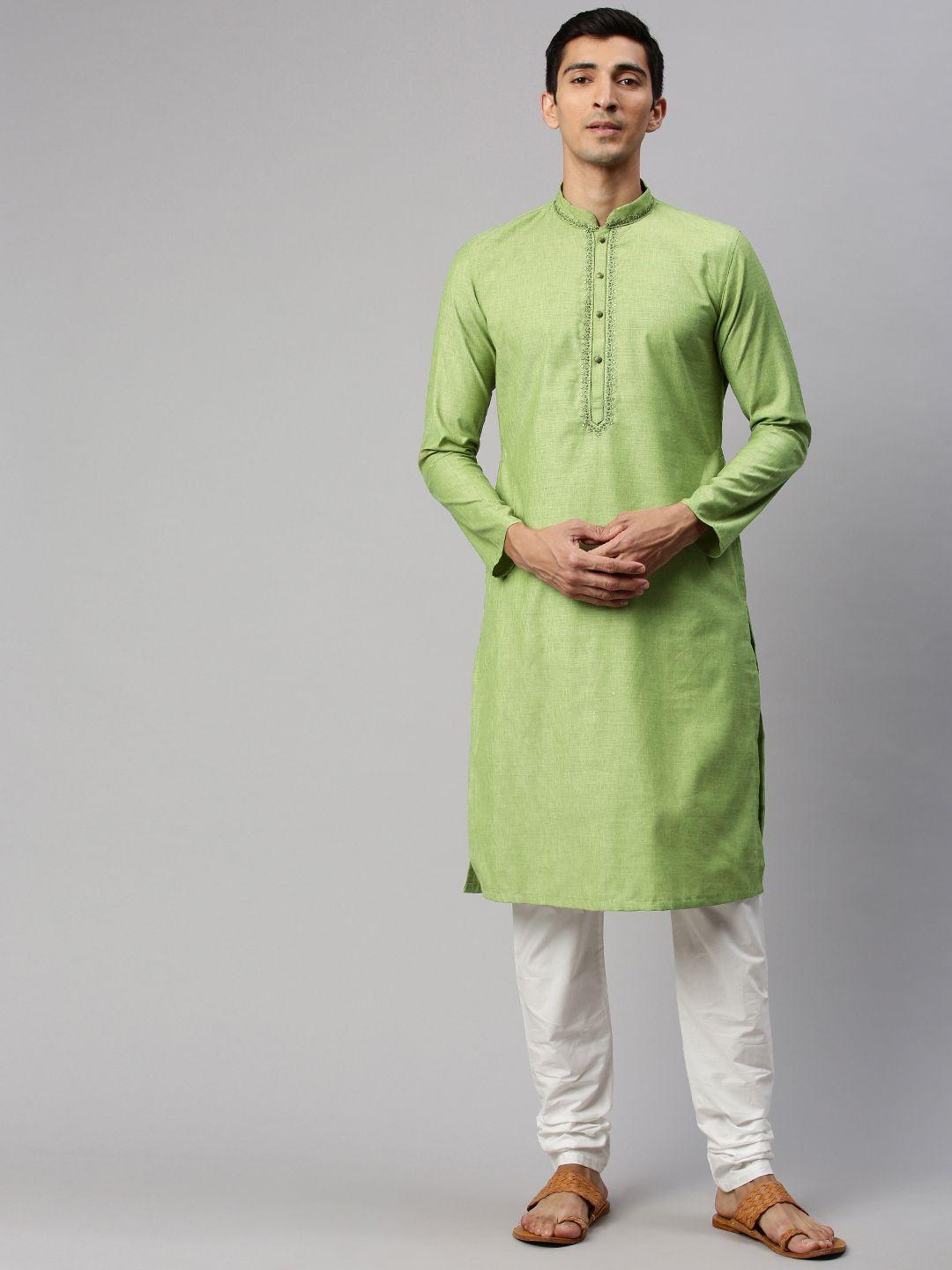 manyavar men green solid kurta with churidar