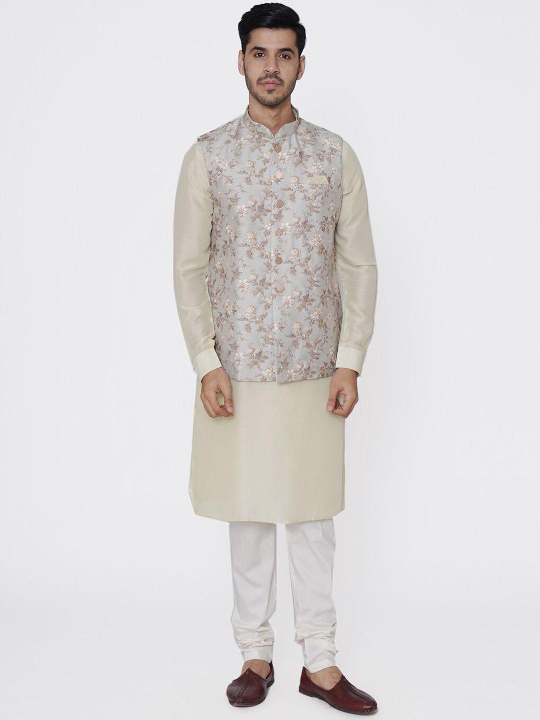 manyavar men grey printed kurta & churidar with nehru jacket