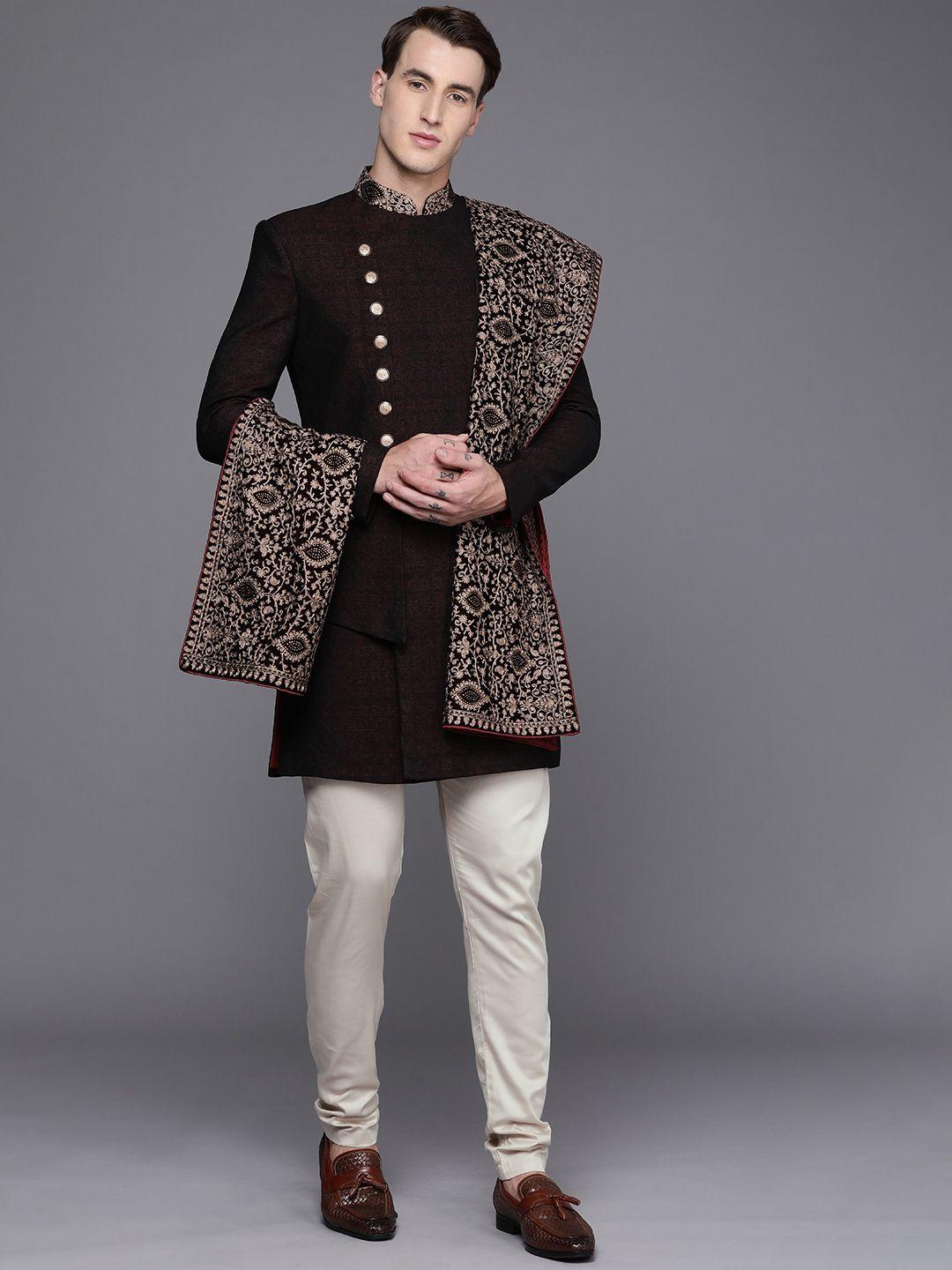 manyavar men maroon self-design sherwani set