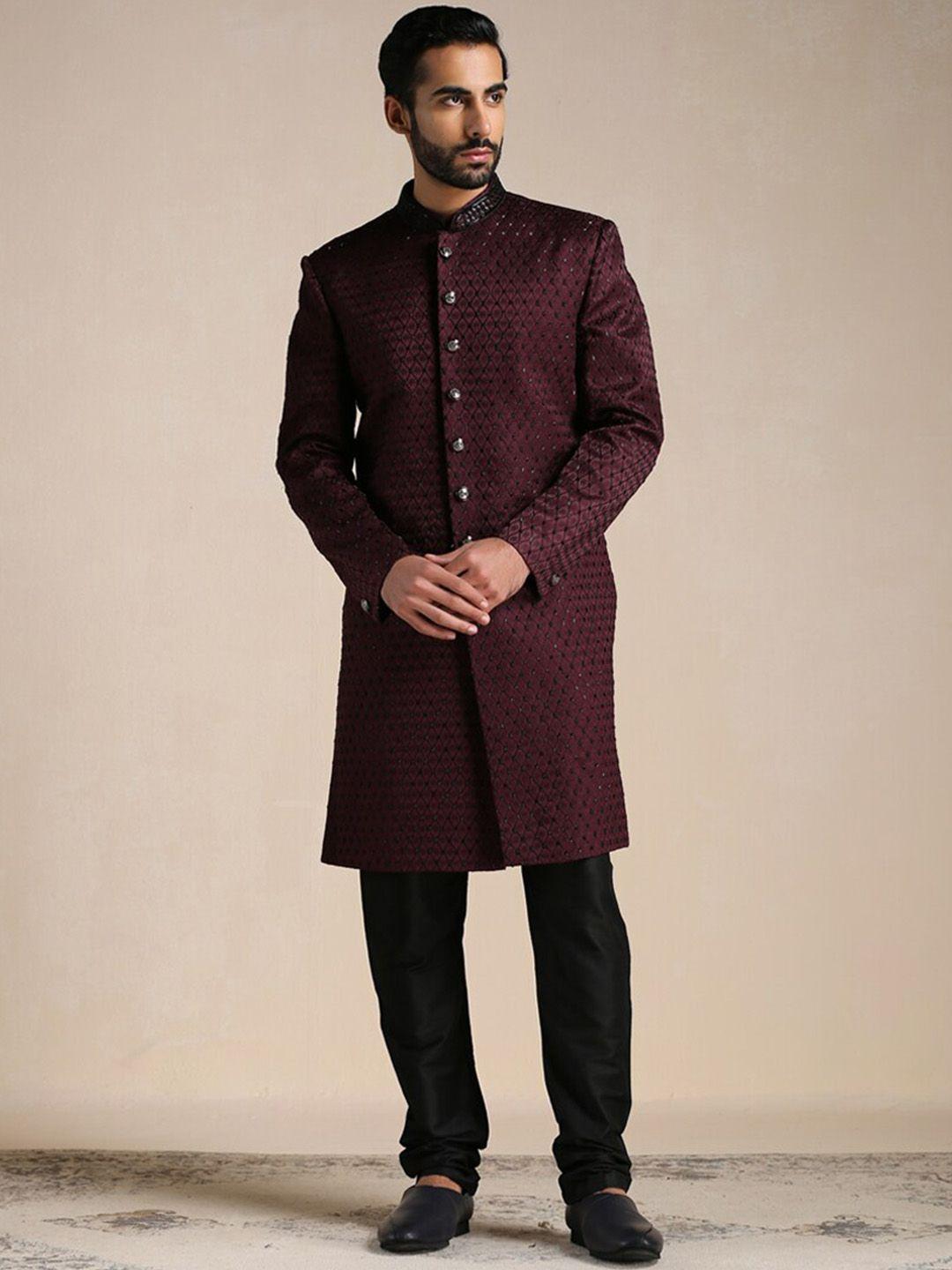 manyavar men maroon sherwani with pyjamas