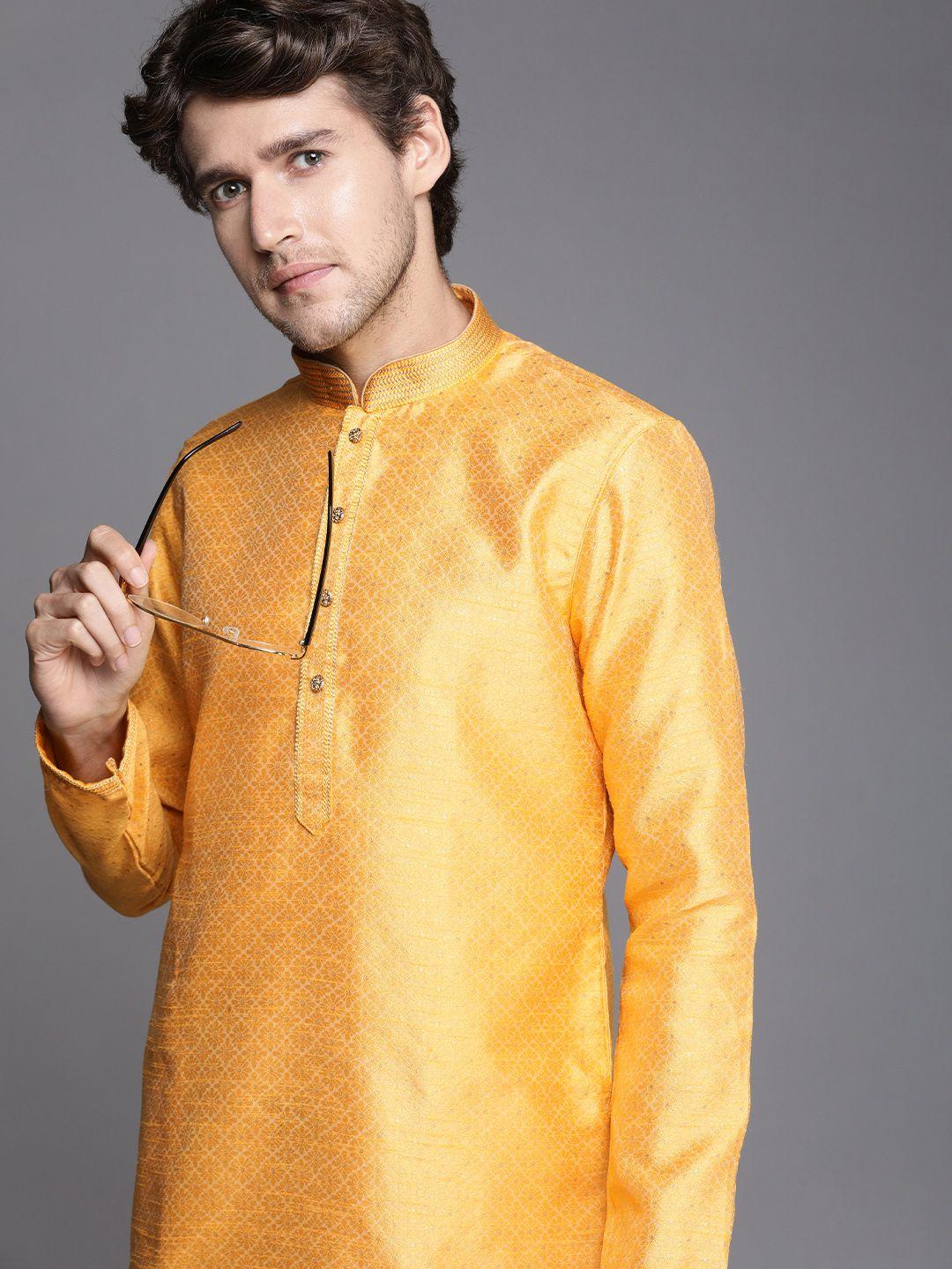 manyavar men mustard yellow & golden ethnic motifs kurta with churidar