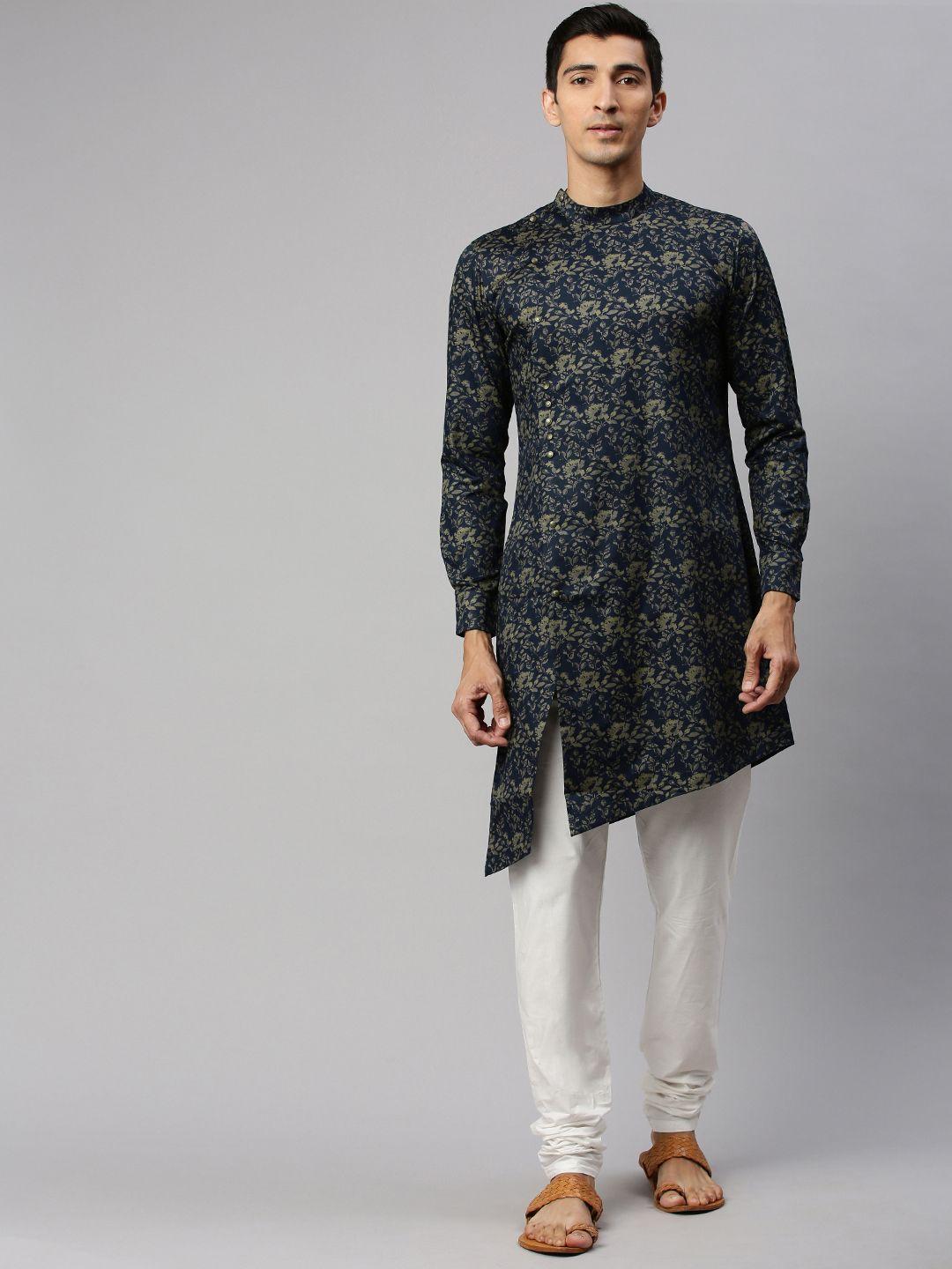 manyavar men navy blue & beige floral printed straight kurta