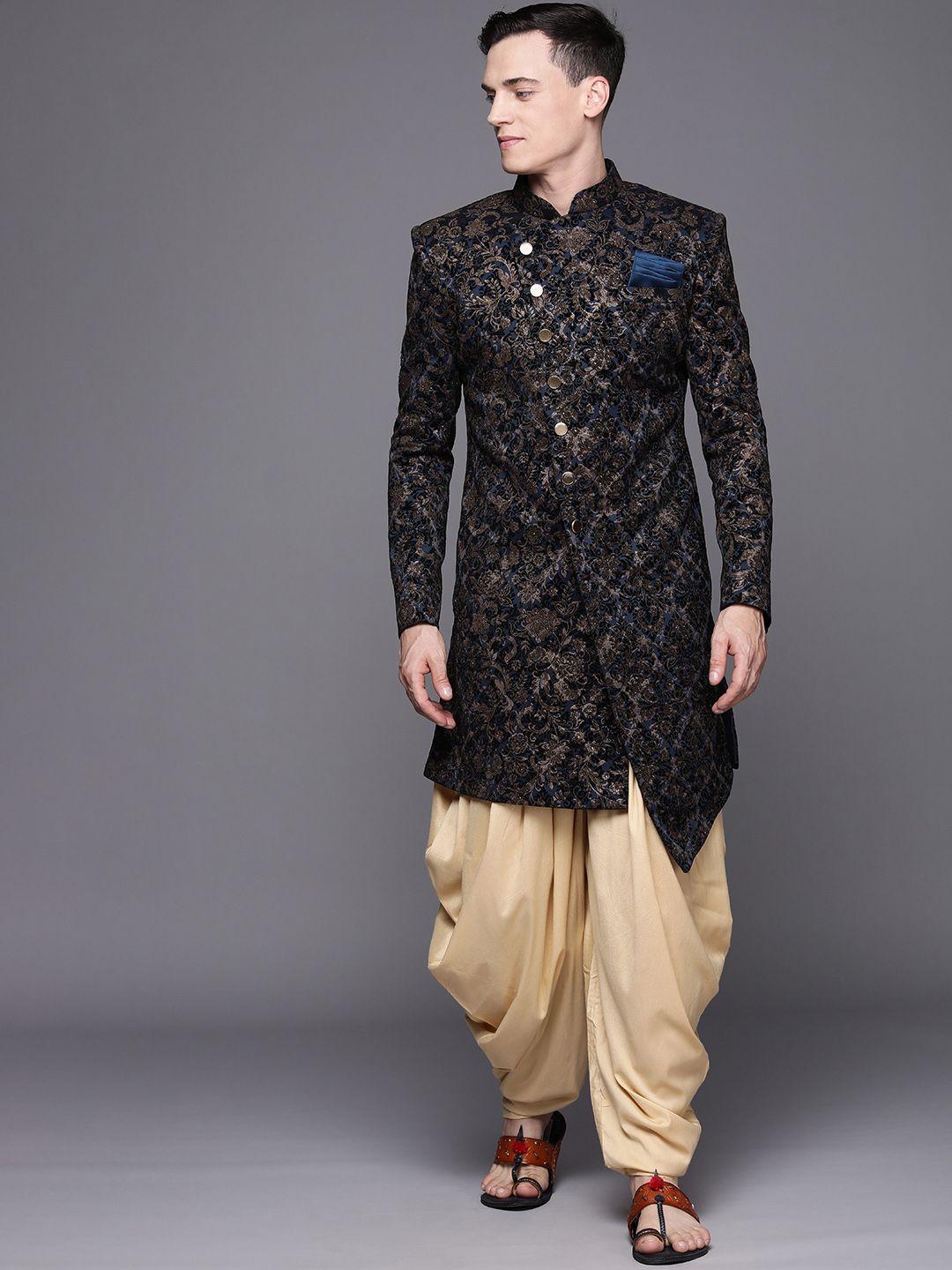 manyavar men navy blue & cream- coloured self design sherwani set with dupatta