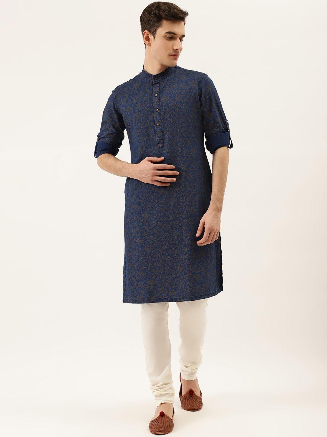 manyavar men navy blue & mustard yellow floral printed kurta