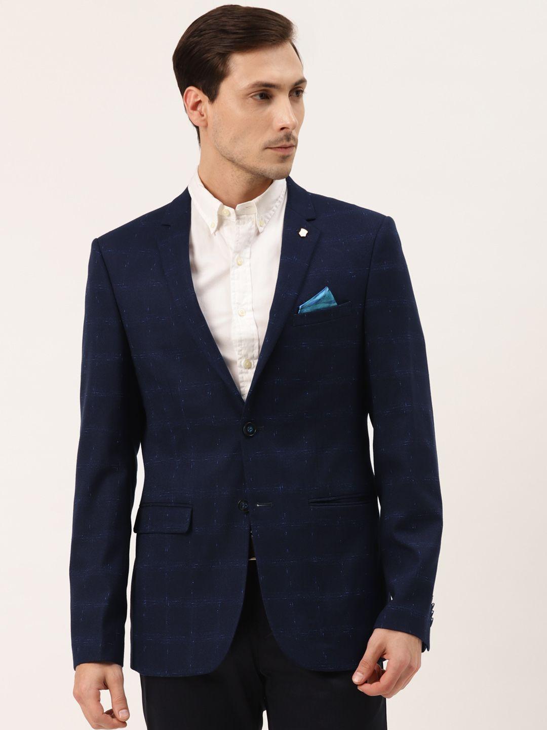 manyavar men navy blue checked  single breasted partywear blazer with pocket square