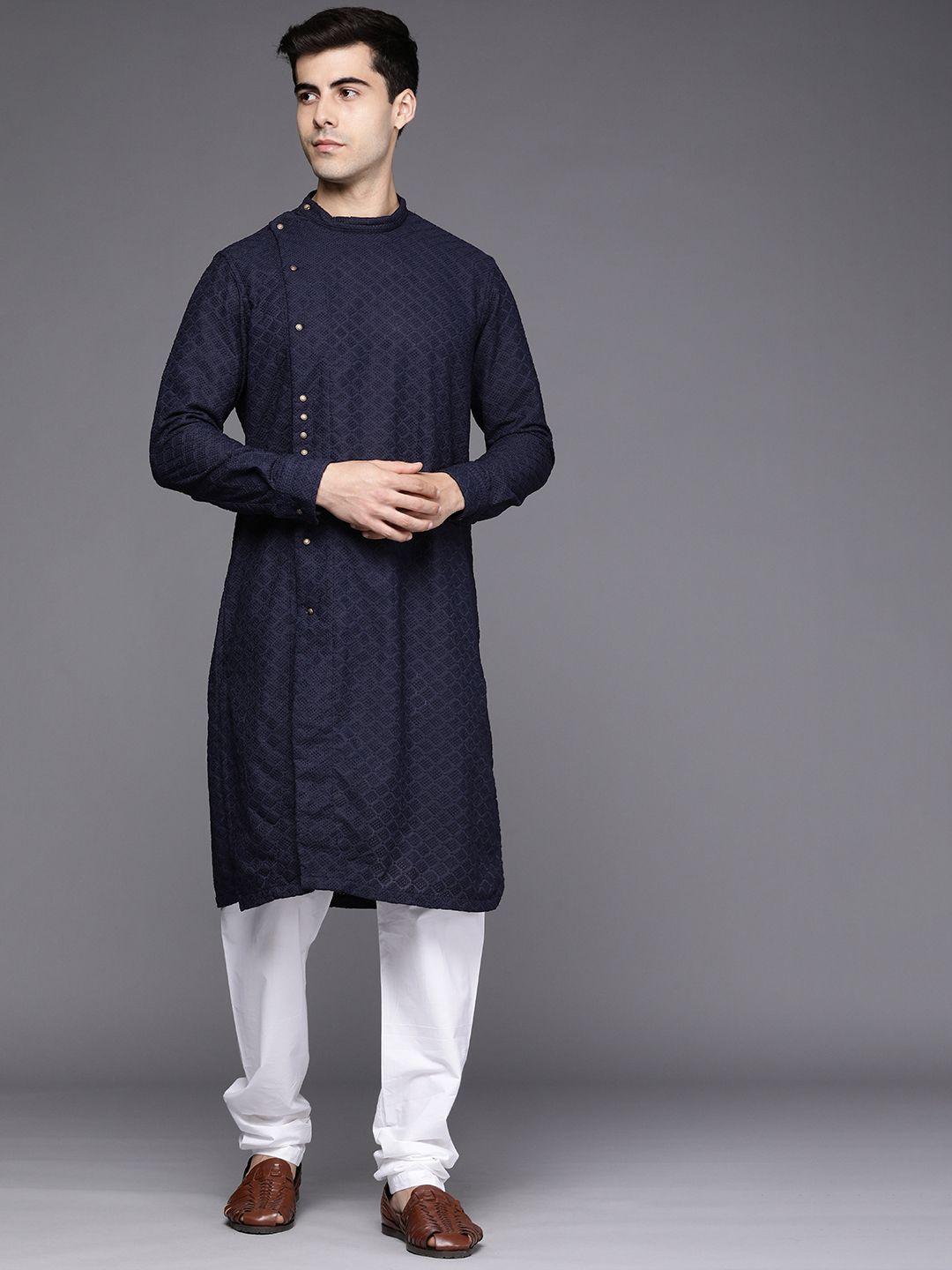 manyavar men navy blue embroidered angrakha kurta with churidar