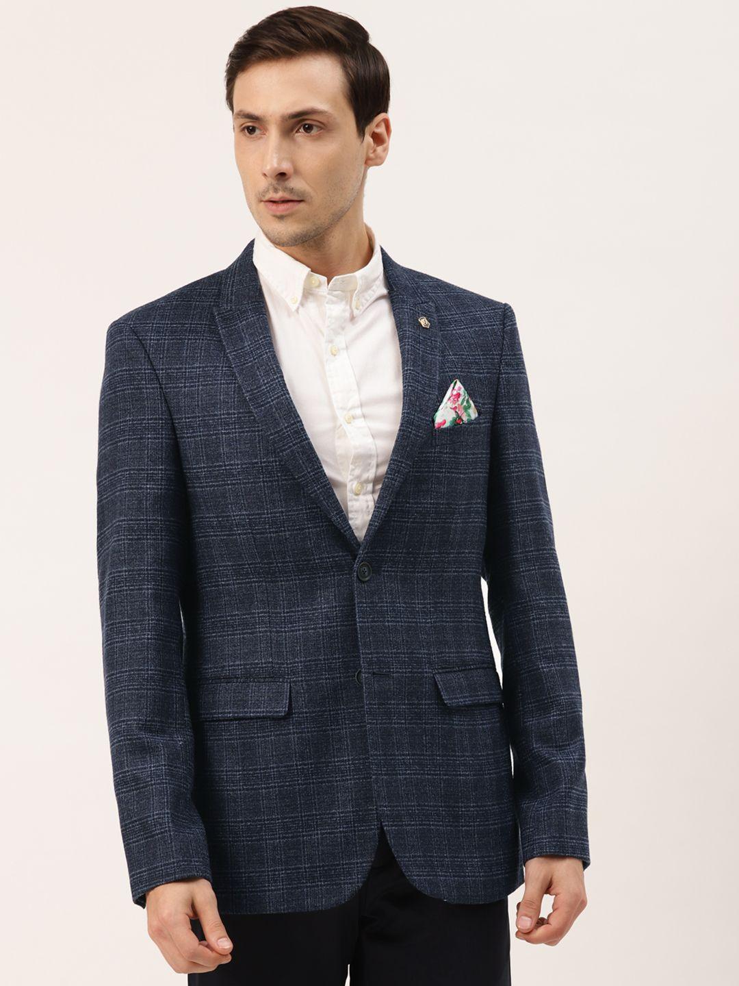 manyavar men navy blue regular checked single-breasted casual blazer