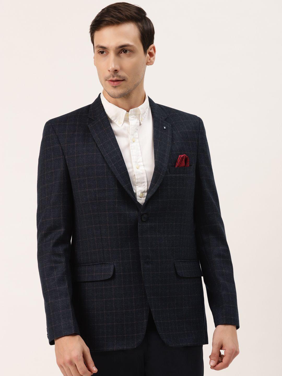 manyavar men navy blue regular checked single-breasted casual blazer