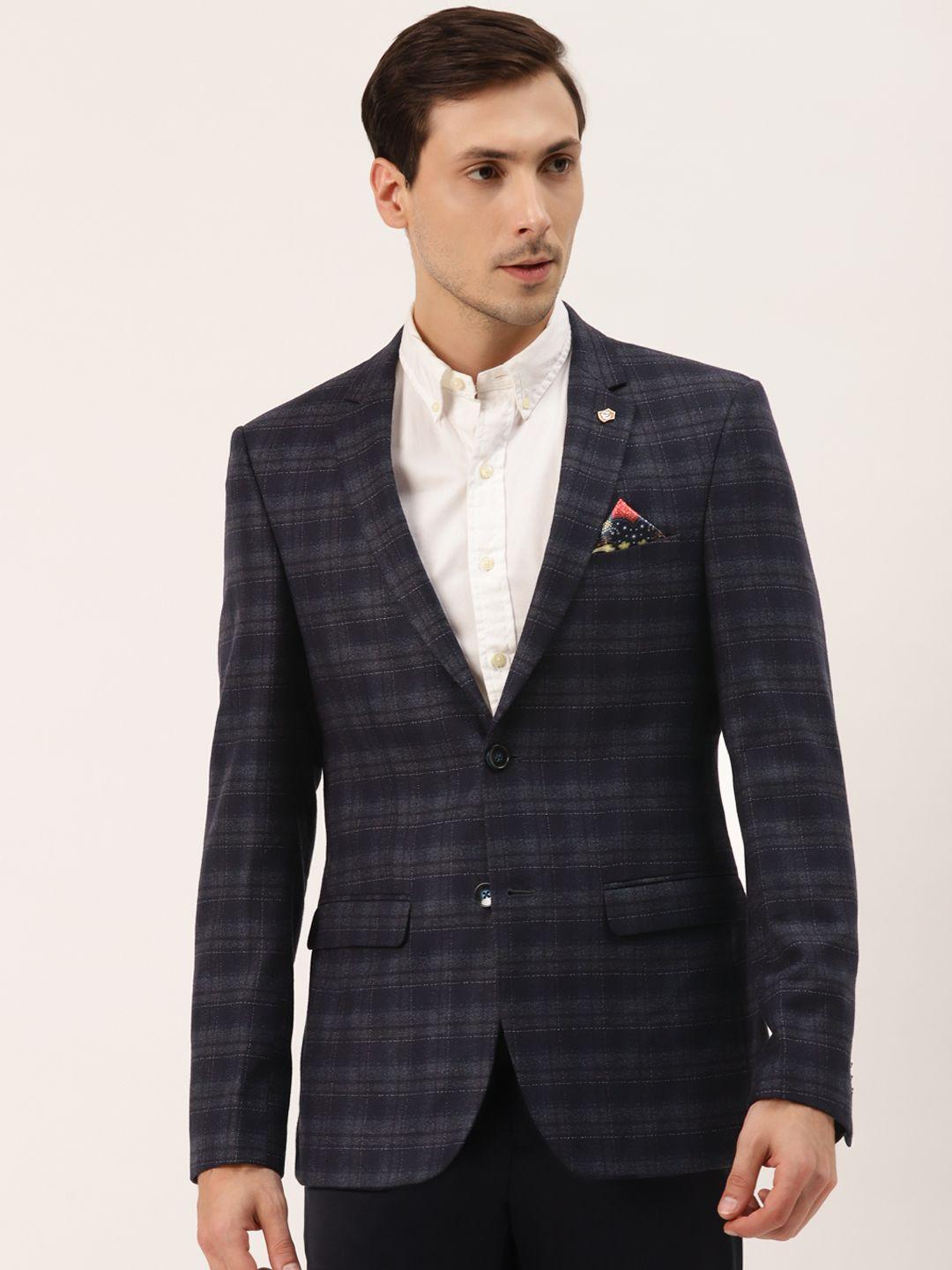 manyavar men navy blue regular checked single-breasted casual blazer