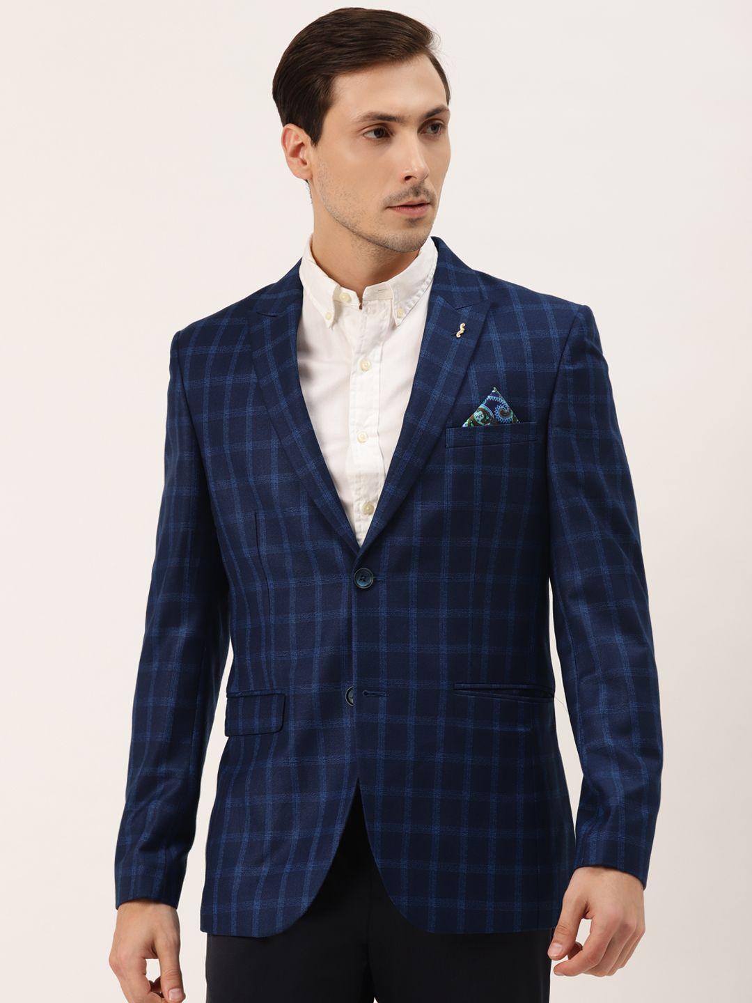 manyavar men navy blue regular checked single-breasted casual blazer