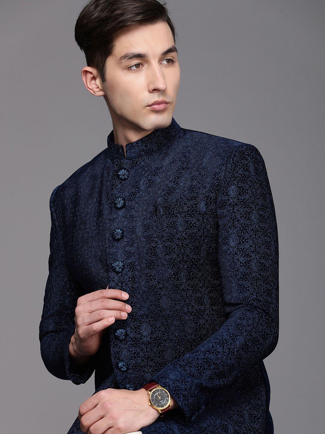 manyavar men navy blue self design velvet finish sherwani & pyjama set