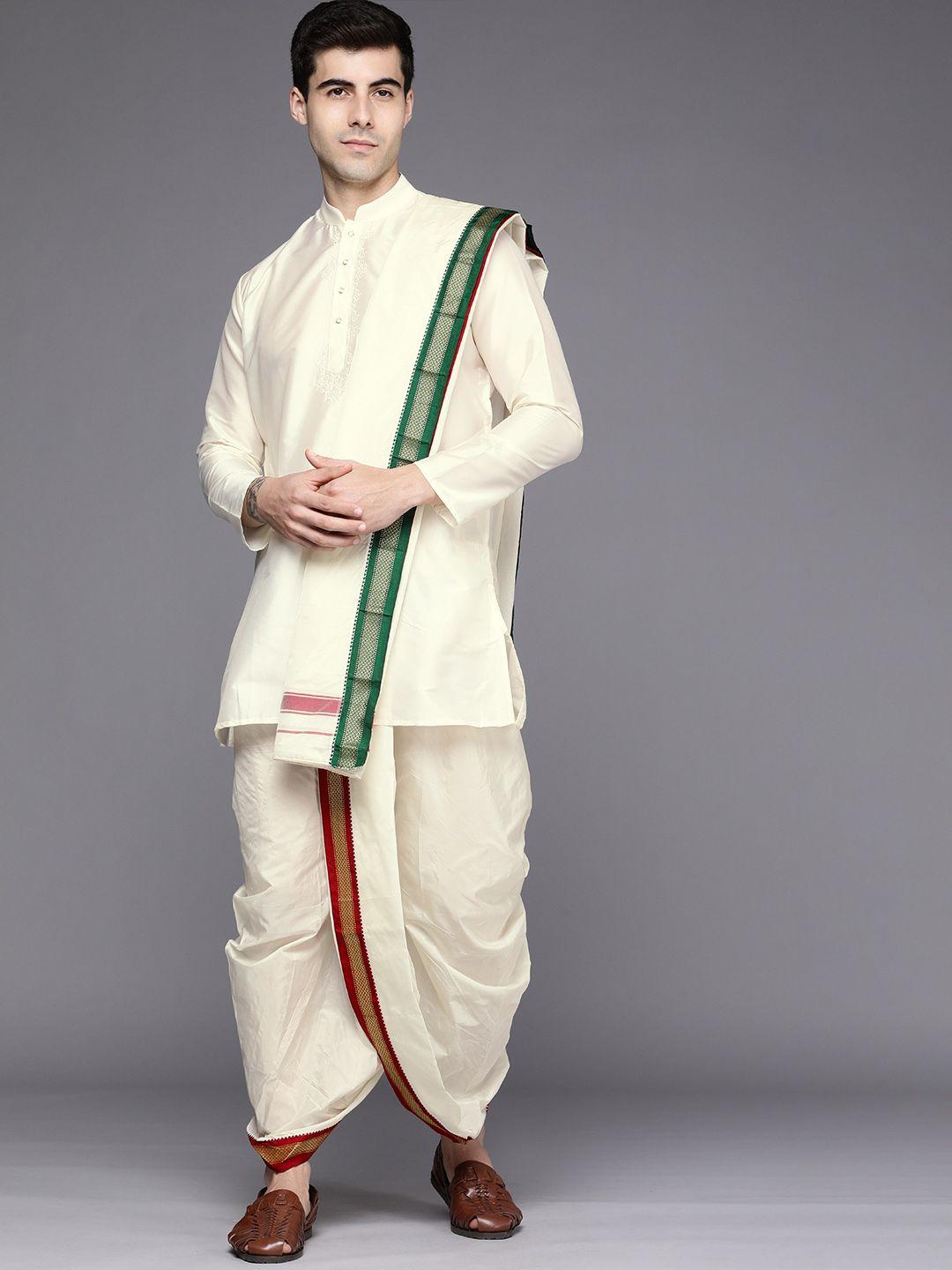 manyavar men off white ethnic motifs embroidered kurta with dhoti pants & dupatta