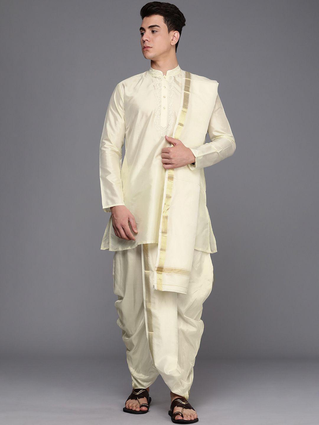 manyavar men off white thread work detail kurta with dhoti pants & with dupatta