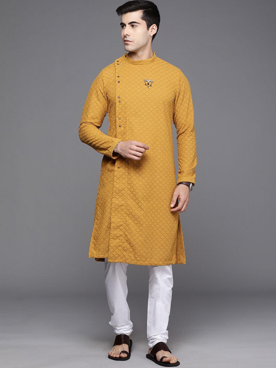 manyavar men orange & white ethnic motifs embroidered kurta with churidar