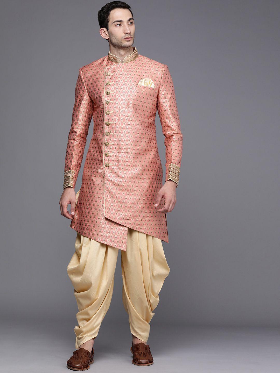 manyavar men peach-coloured & beige ethnic motif printed sherwani and patiala set