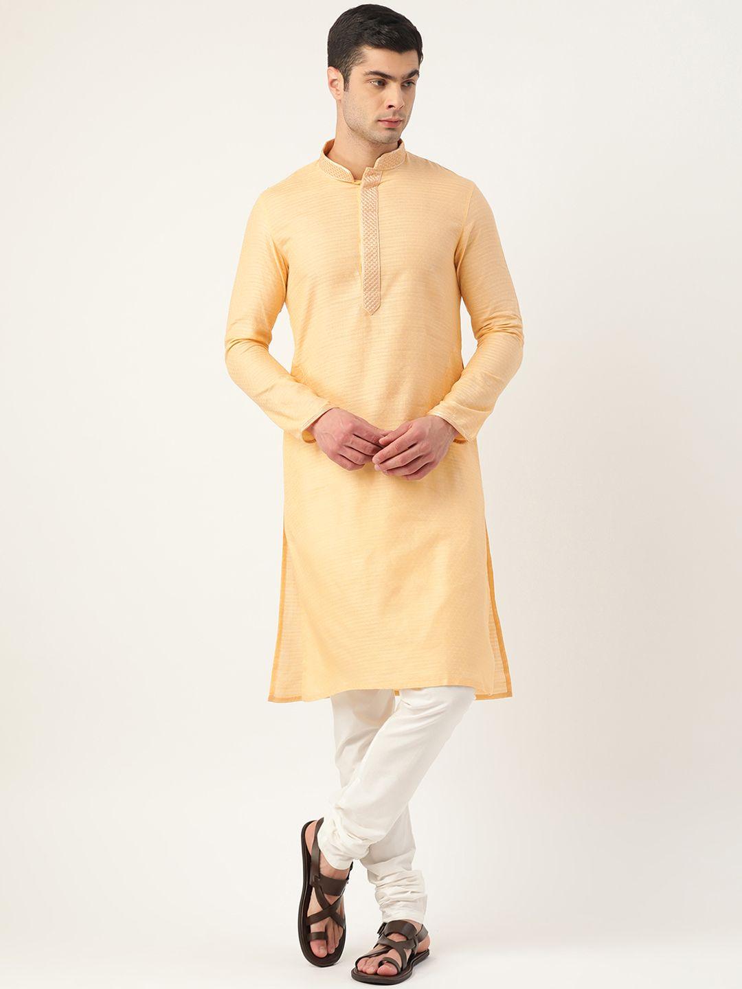 manyavar men peach-coloured & white self design kurta with churidar