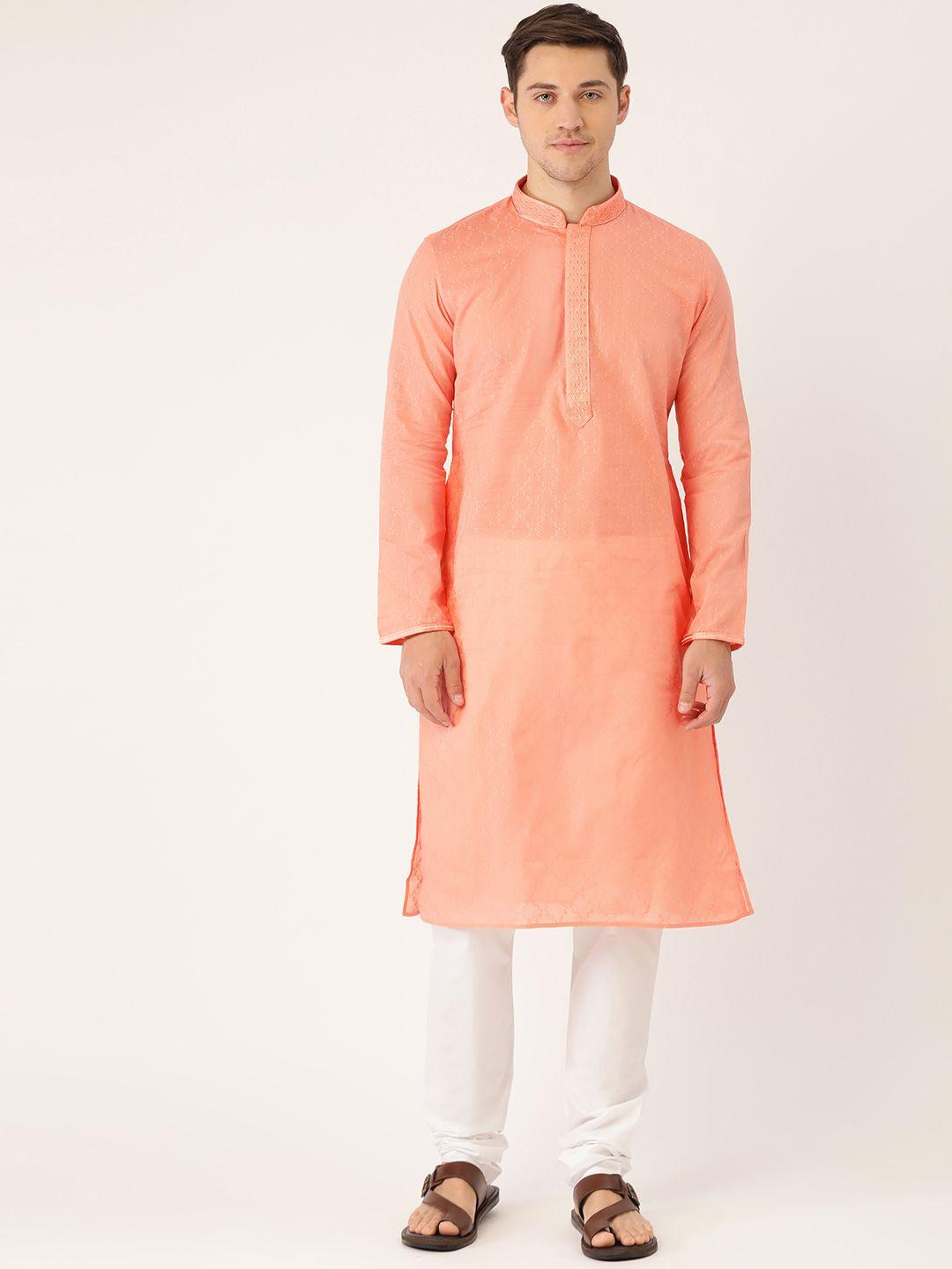 manyavar men peach-coloured & white self design kurta with churidar