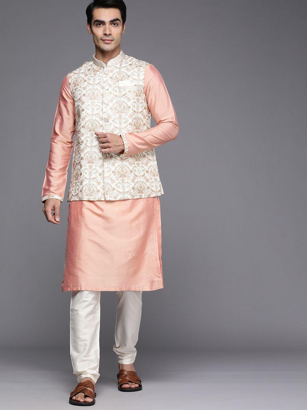 manyavar men peach-coloured ethnic motifs printed nehru jacket with solid kurta & churidar