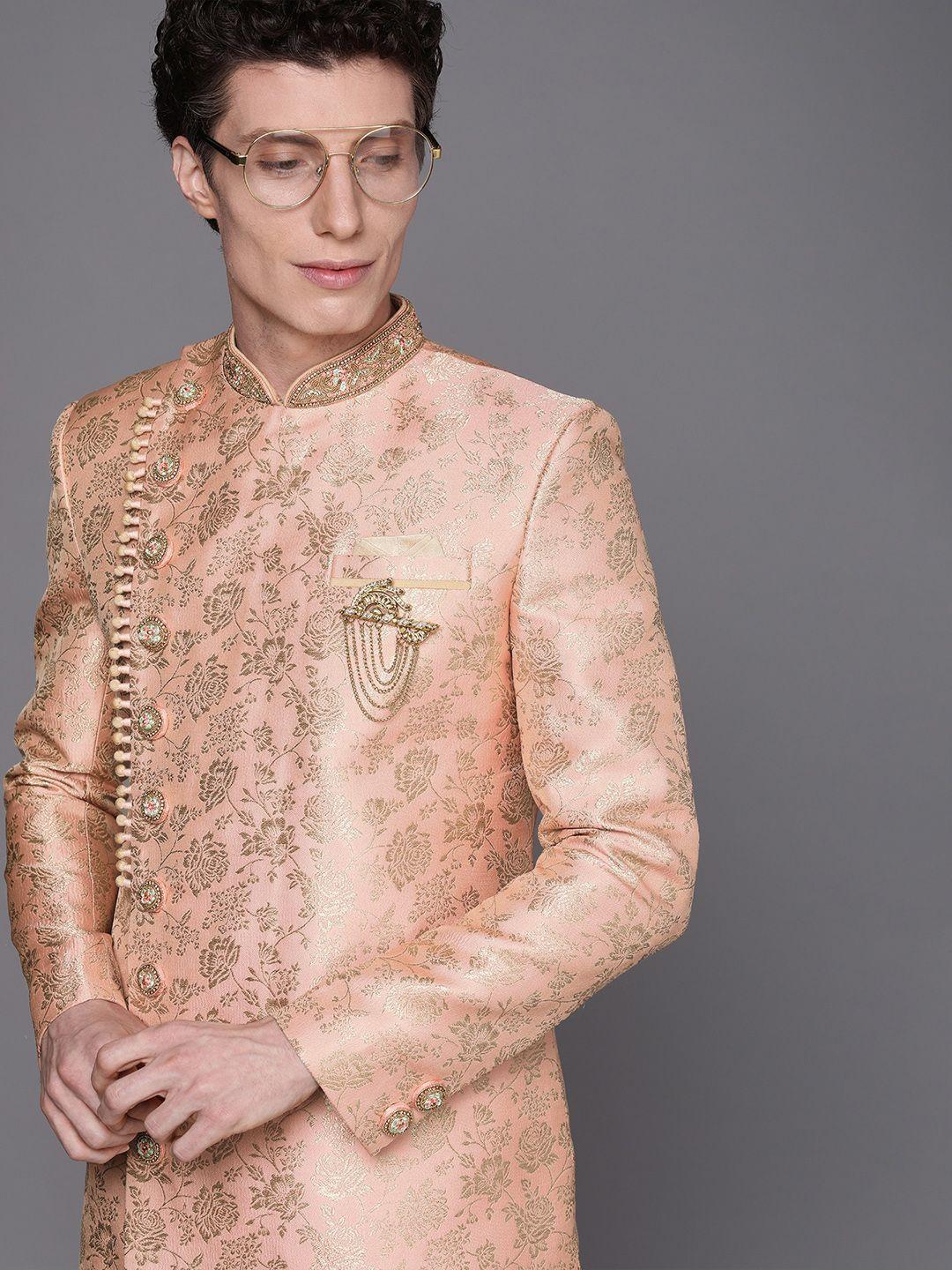 manyavar men peach-coloured jacquard sherwani and churidar