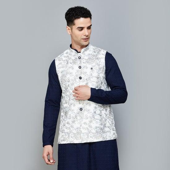 manyavar men printed band-collared nehru jacket