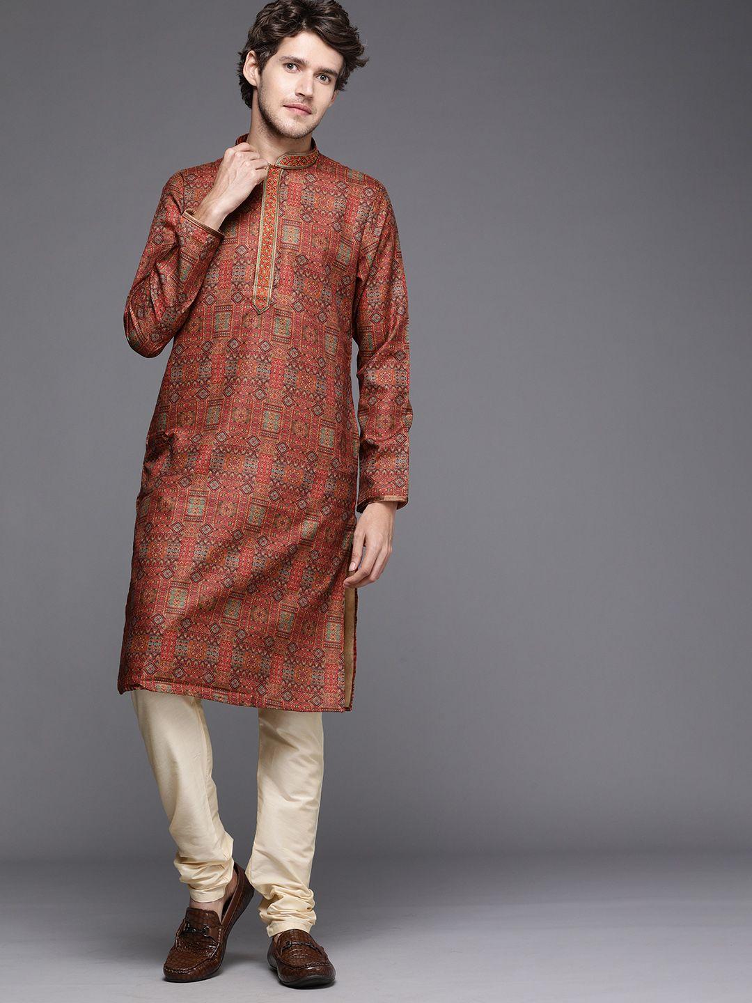 manyavar men rust red ethnic motifs woven design kurta with churidar
