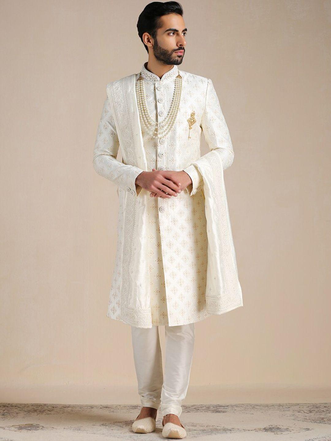 manyavar men self-design art silk full sleeves sherwani set