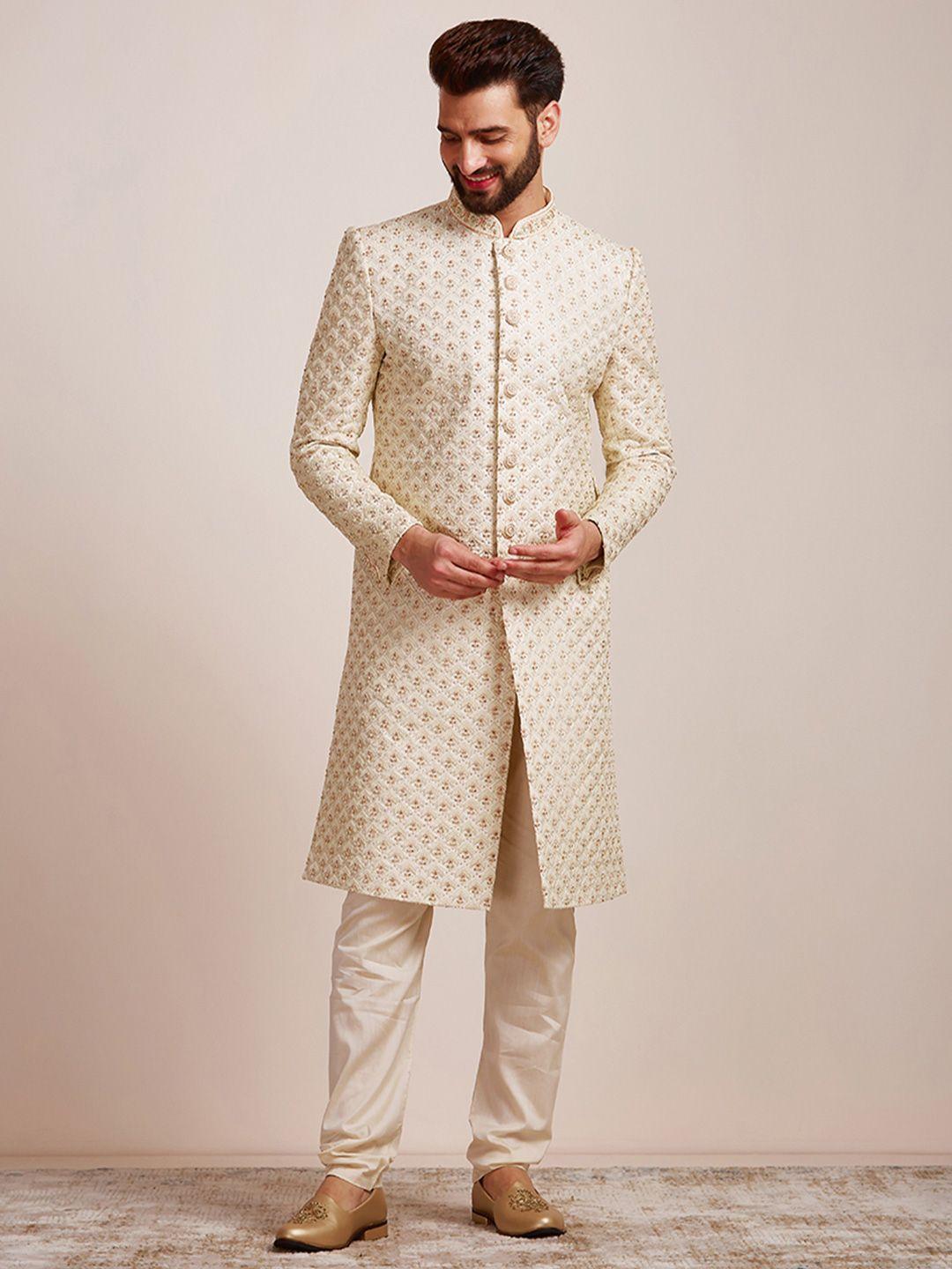 manyavar men self-design art silk sherwani set