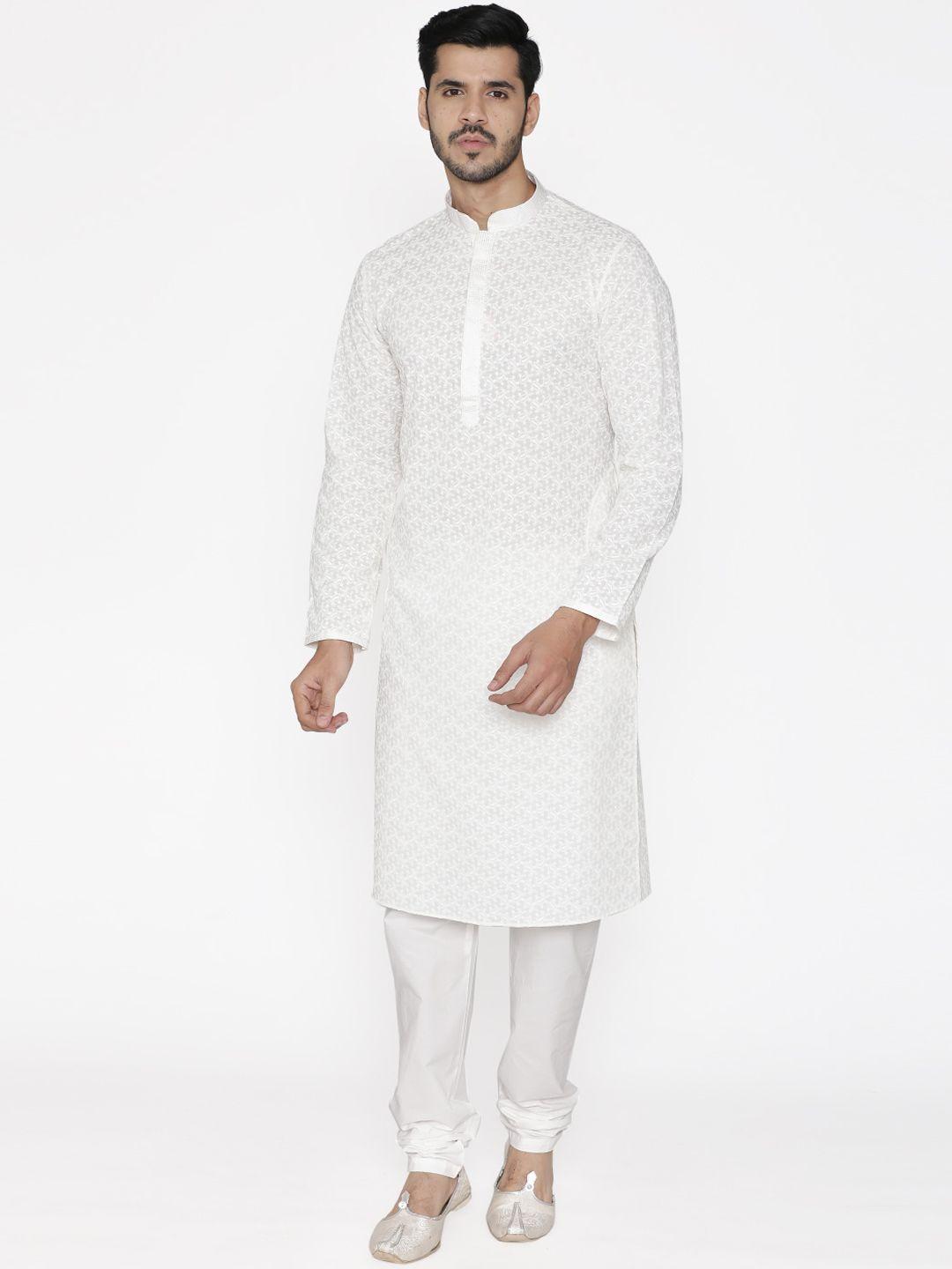 manyavar men white embroidered kurta with churidar