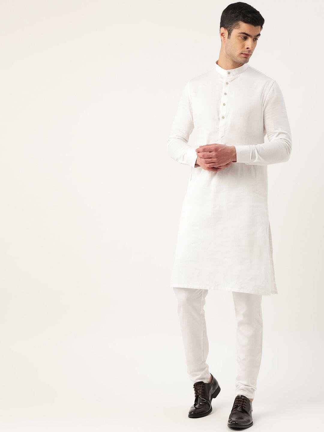 manyavar men white solid kurta with churidar