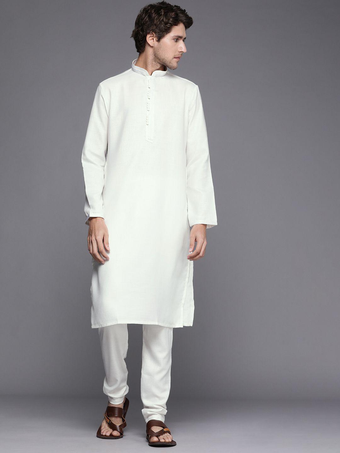 manyavar men white solid kurta with churidar