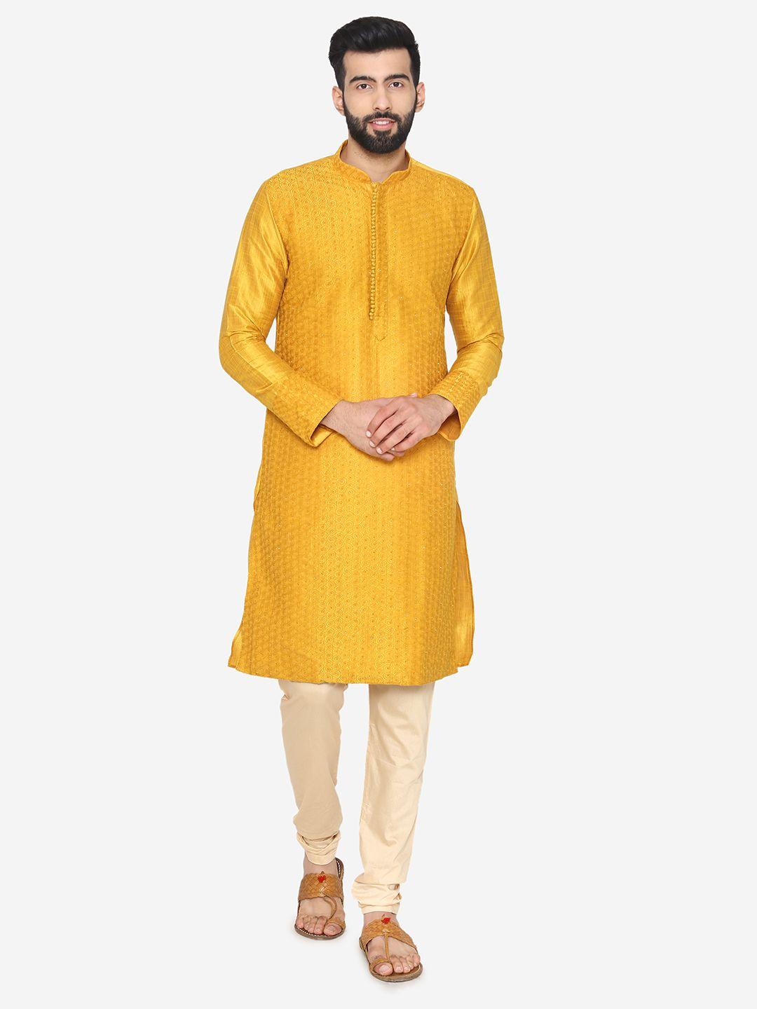 manyavar men yellow & beige self design kurta with churidar