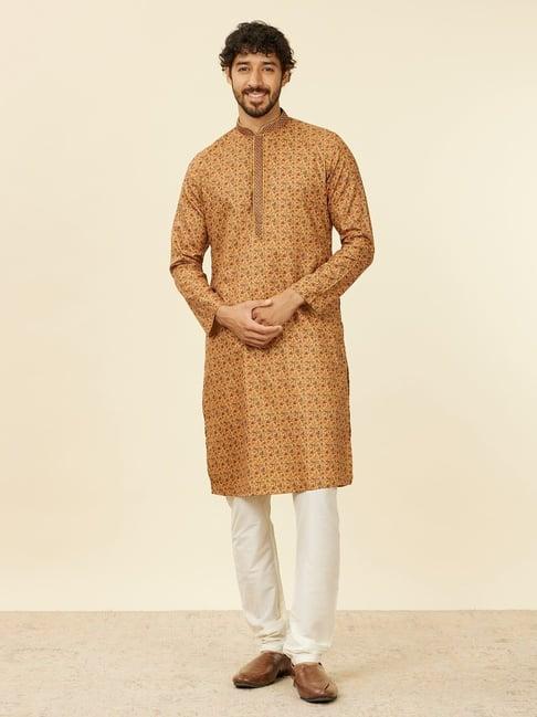 manyavar mustard & cream regular fit printed kurta bottom set