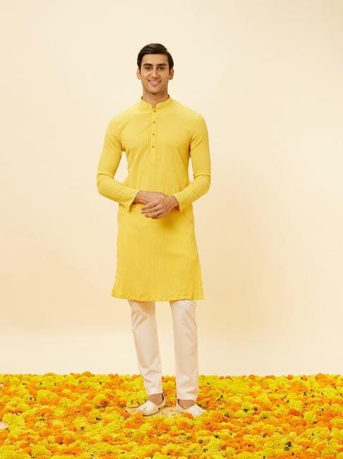 manyavar mustard & white regular fit kurta & pyjamas set