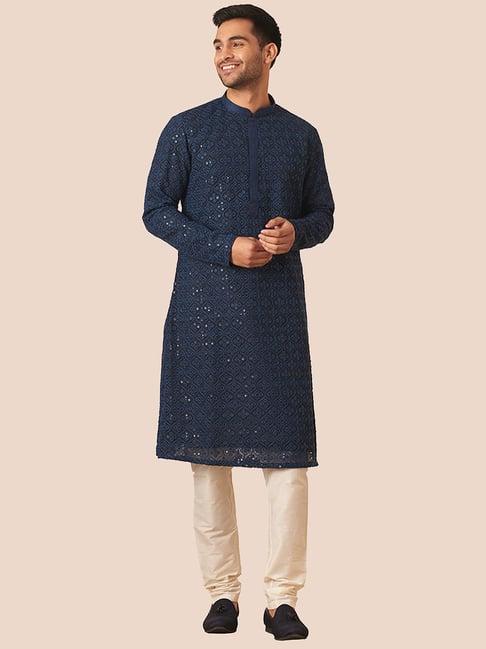 manyavar navy & beige regular fit embroidered kurta & churidar set