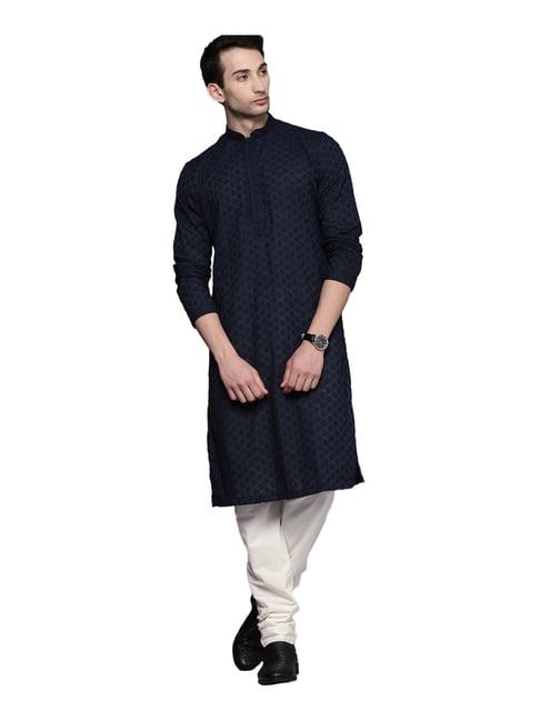 manyavar navy & white regular fit chikankari kurta churidar set