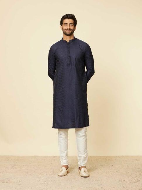 manyavar navy & white regular fit self design kurta & pyjama set