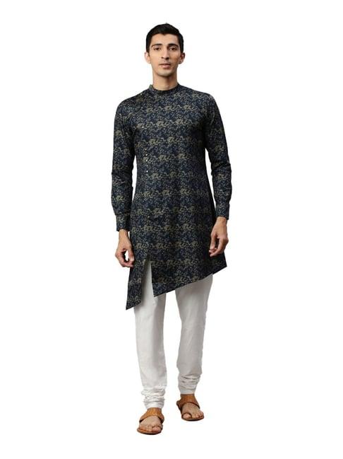 manyavar navy cotton regular fit printed kurta