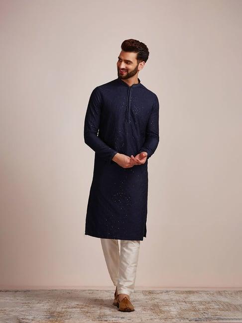 manyavar navy regular fit embroidered kurta & pyjama set