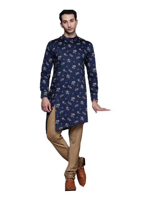 manyavar navy regular fit floral print kurta