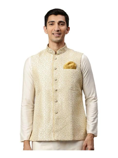 manyavar off white & beige self pattern ethnic jacket