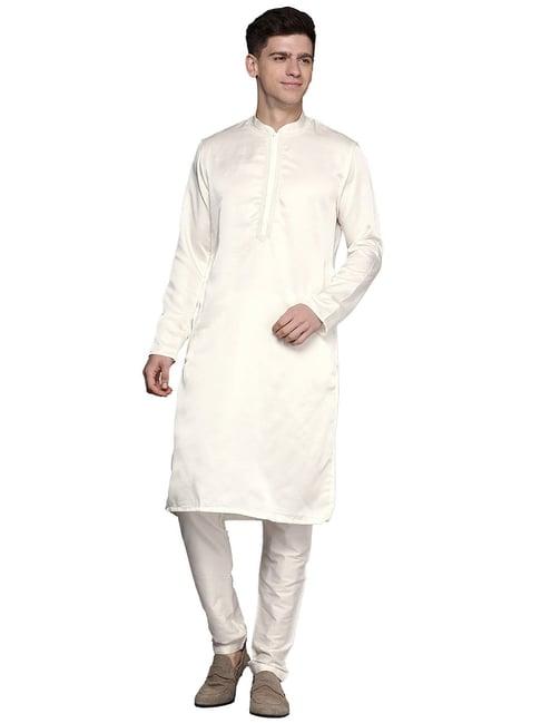 manyavar off white regular fit kurta with churidar set