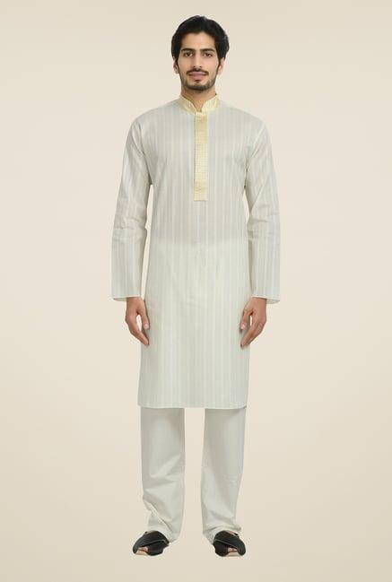 manyavar off white striped kurta & pyjama set