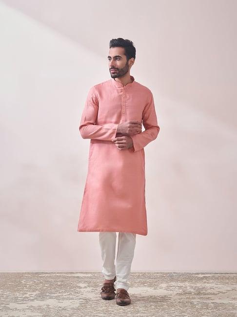 manyavar peach regular fit printed kurta & churidar set