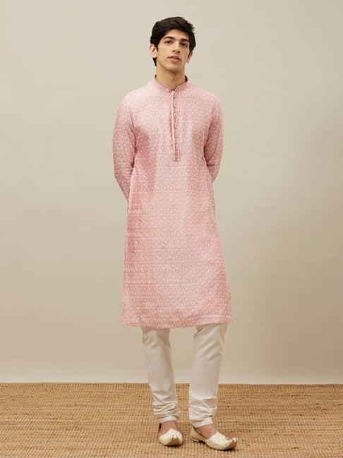 manyavar pink & cream regular fit embroidered kurta & pyjamas set