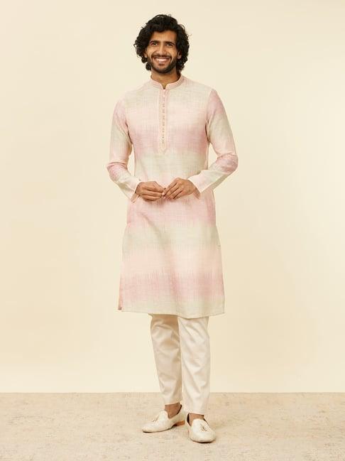 manyavar pink & cream regular fit embroidered kurta bottom set