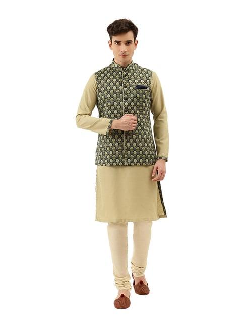 manyavar pista & beige printed ethnic kurta set with jacket