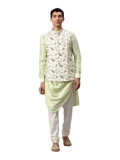 manyavar pista green & beige ethnic kurta set with jacket