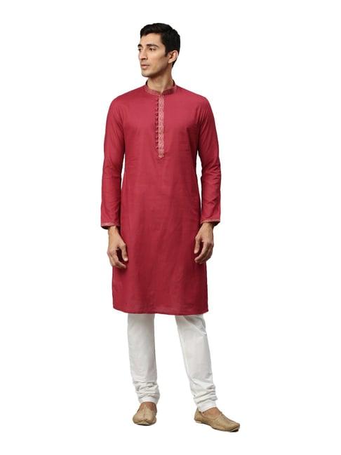 manyavar red cotton regular fit self design kurta set