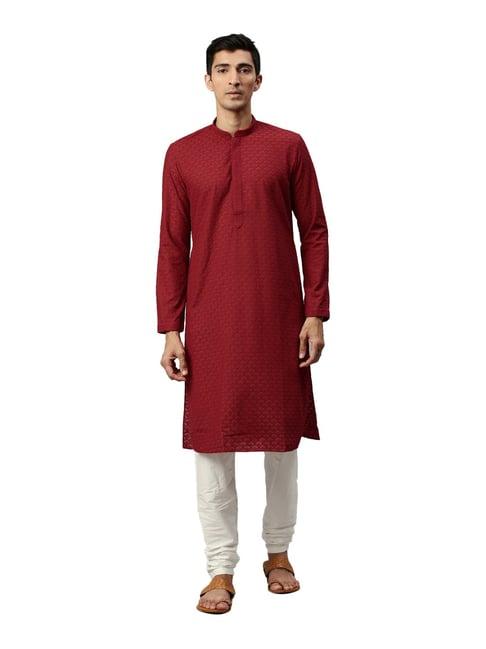 manyavar red cotton regular fit self design kurta set