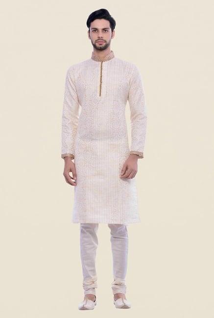 manyavar royal brocade cream kurta & churidar set